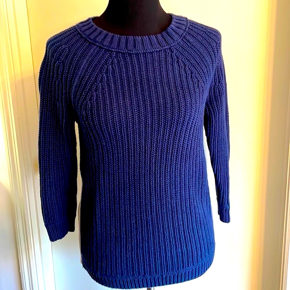 J. CREW cable knit navy blue sweater with zippers on both sides, gray trim. XS.